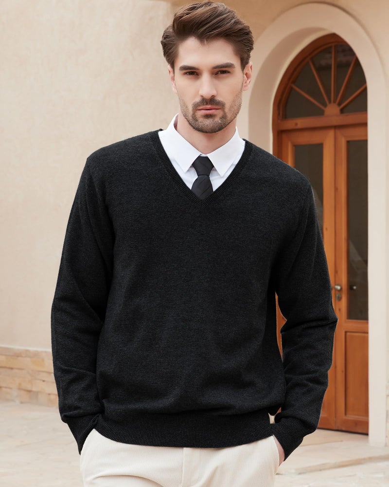 Kallspin Men's Wool Blend V-Neck Sweater Relax Fit Knit Pullover (Black, Large) - Image 5